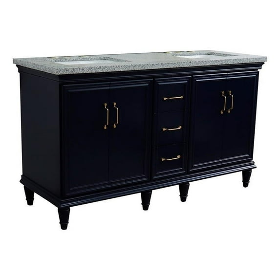 61 in. Double Wooden Vanity Blue Gray Granite Rectangle Sink