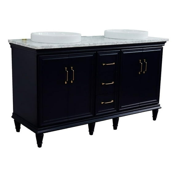 61 in. Double Wooden Vanity Blue White Carrara Marble Round Sink