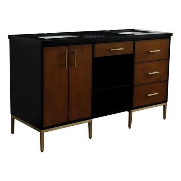 61 in. Double Wooden Vanity Walnut Black Black Galaxy Granite Rectangle Sink