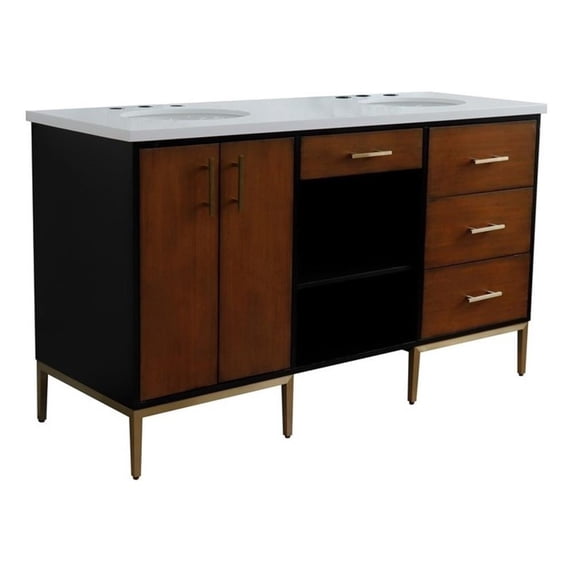 61 in. Double Wooden Vanity Walnut Black White Quartz Oval Sink