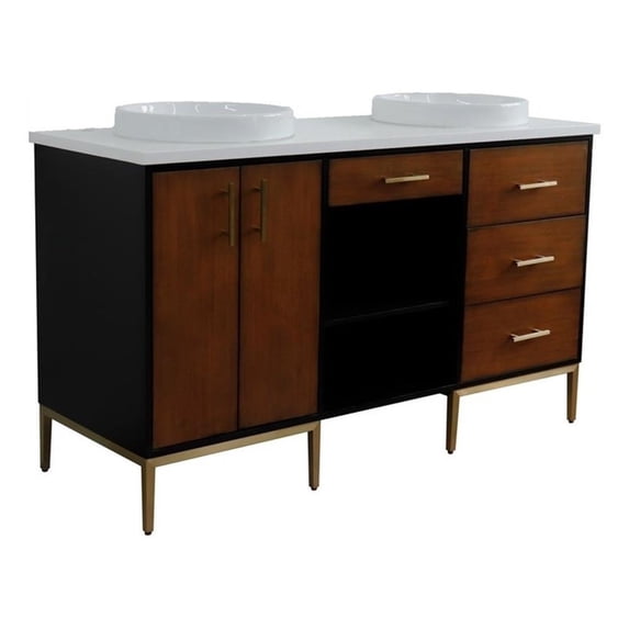 61 in. Double Wooden Vanity Walnut Black White Quartz Round Sink