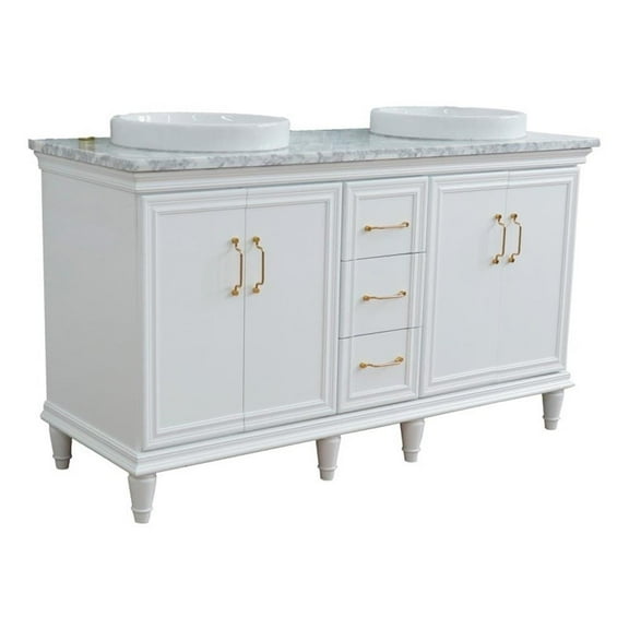 61 in. Double Wooden Vanity White White Carrara Marble Round Sink