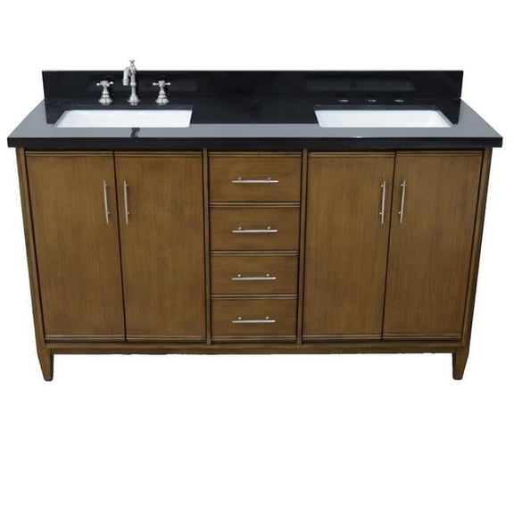 61 in. Galaxy Granite & Rectangle Sink Double Vanity, Walnut & Black