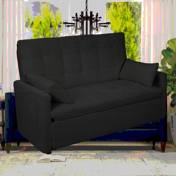 Modern Scandinavian fabric sofa bed 61-inch with storage bag and reinforced frame.