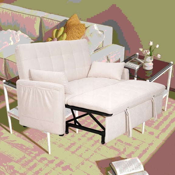 61-inch Fabric Sofa Bed Combo - Reinforced Iron Frame & Storage Pockets, 2-in-1 Convertible