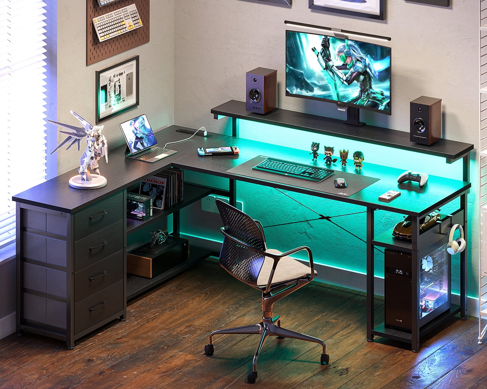 61 inch L Shaped Gaming Desk with LED Lights & Power Outlets, Corner