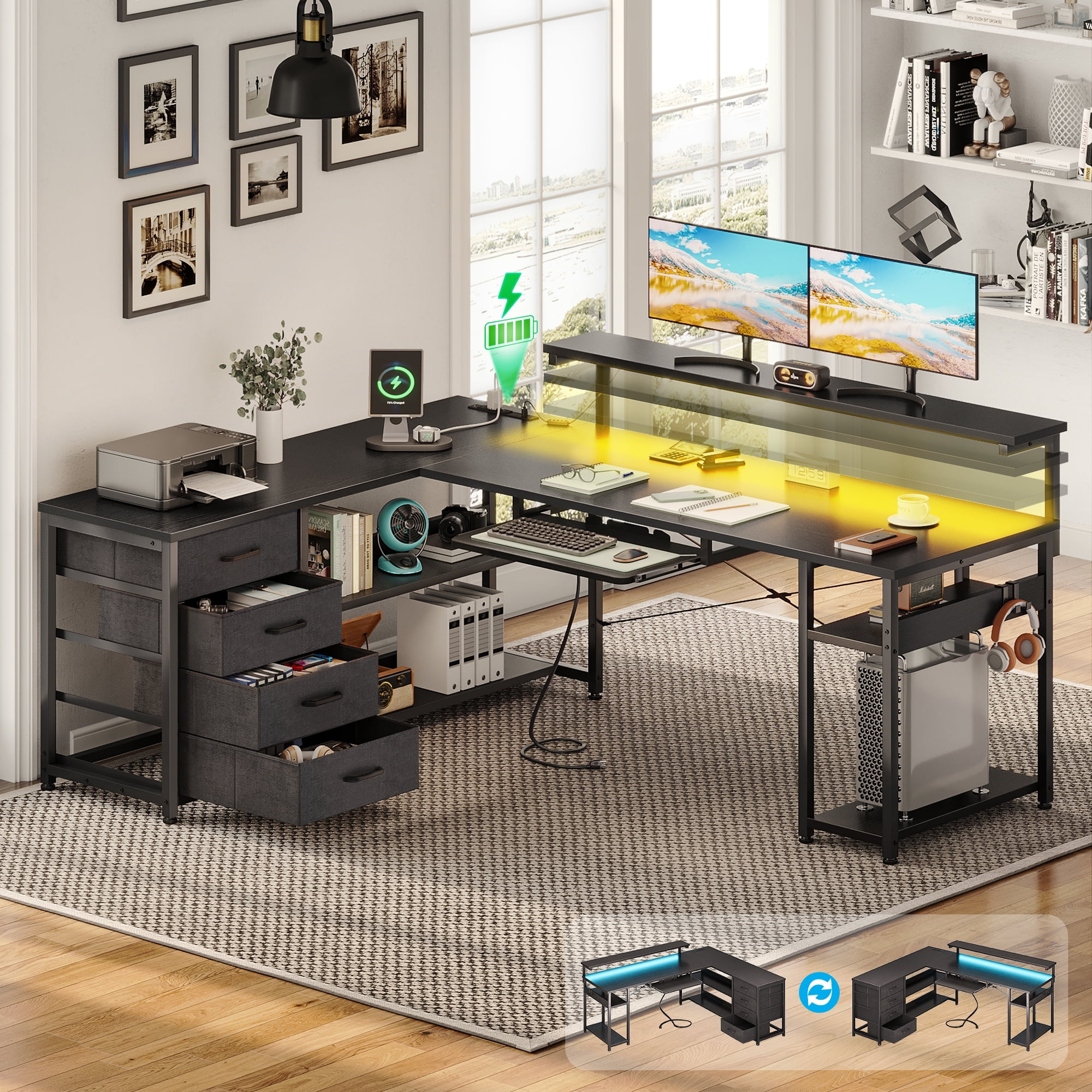 KKL 61 inch L Shaped Gaming Desk with 4 Drawers Power Outlets Home Office Desk with Adjustable Heights Monitor Stand Keyboard Tray Computer Desk with LED Light Pure Black Walmart
