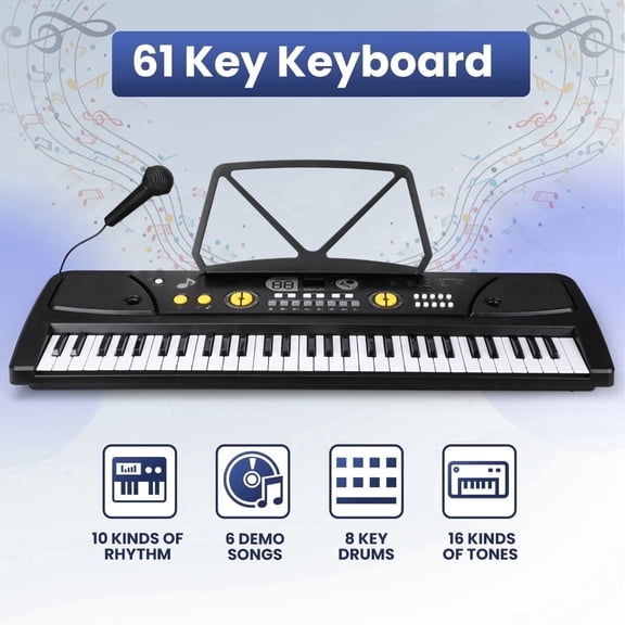 BFVV 61-Key Portable Electronic Keyboard Piano Set with Microphone, Power Adapter & Music Rest, Ideal Music Education Gift for Beginners