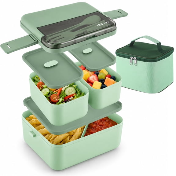 61 oz Bento Box with Compartments, 6.7 x 6.3 x 4.9 in Adult Lunch Boxes with Thermal Bag and Cutlery, 2 Layer Stackable Lunch Box for Office Meal Prep, Microwave Safe Food Container, Light Green
