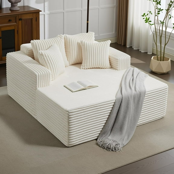 61"x54.3" Oversized Chaise Lounge Indoor, Wide Boneless Corduroy Loveseat with 4 Pillows, Armrests, Comfy Fluffy Reading Couch, No Assembly Required Deep Seat Sofa for Living Room, Bedroom, Office