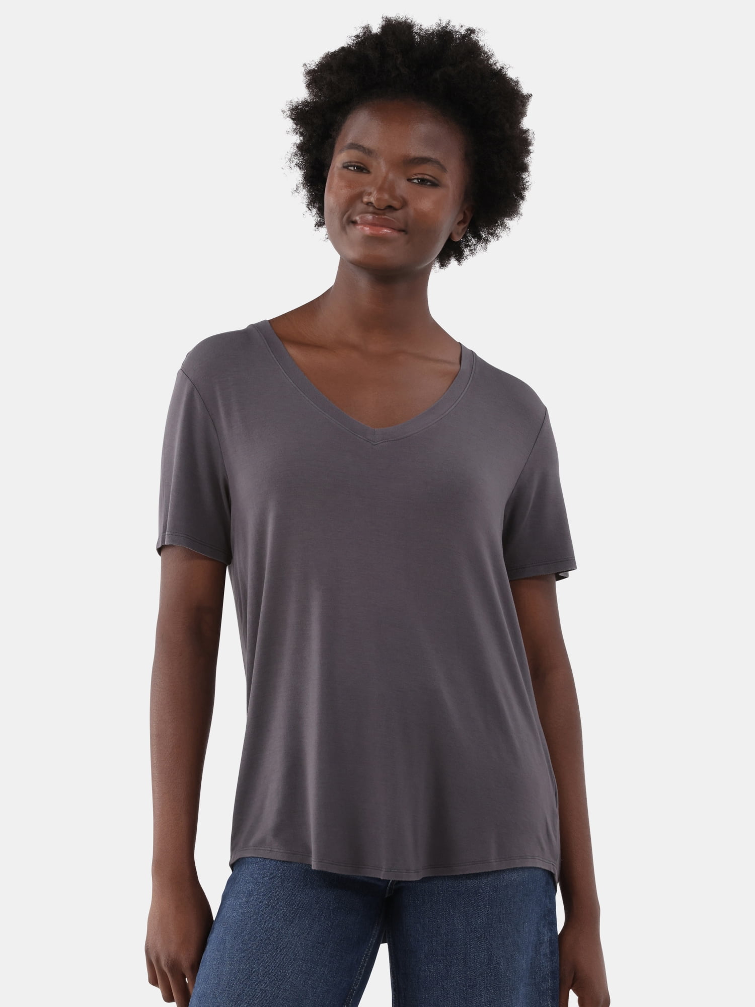Time and Tru Women’s V-Neck Washed Tee with Short Sleeves, Sizes XS-XXXL