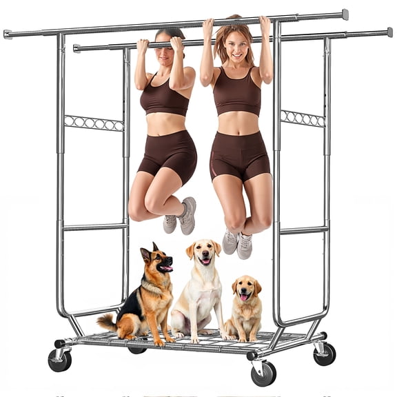 610 lbs Heavy Duty Clothes Rack on Wheels Adjustable Garment Rack with Shelves Collapsible Rolling Coat Rack,Chrome