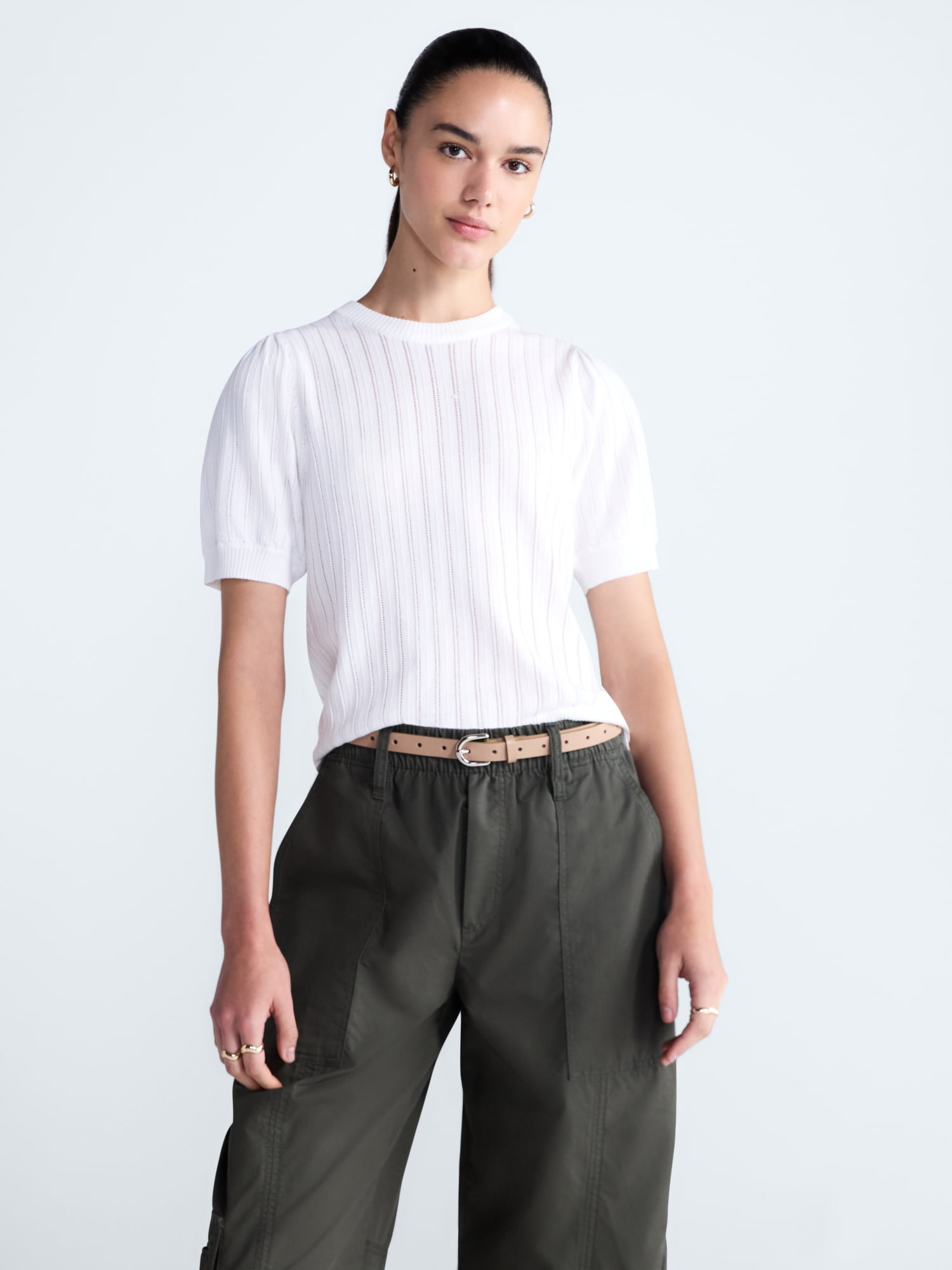 Free Assembly Women’s and Women's Plus Pointelle Sweater with Puff Sleeves, Sizes XS-4X