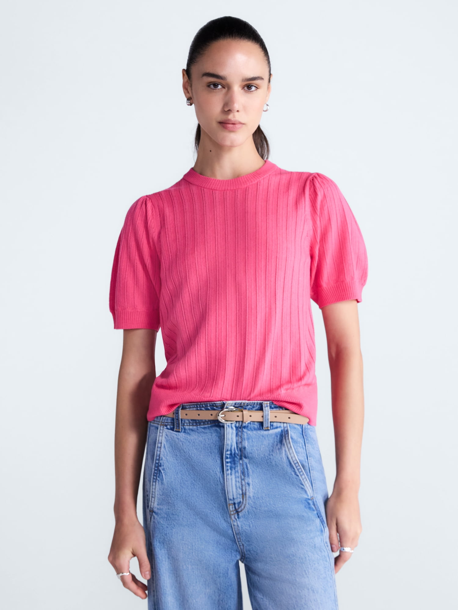 Free Assembly Women’s and Women's Plus Pointelle Sweater with Puff Sleeves, Sizes XS-4X