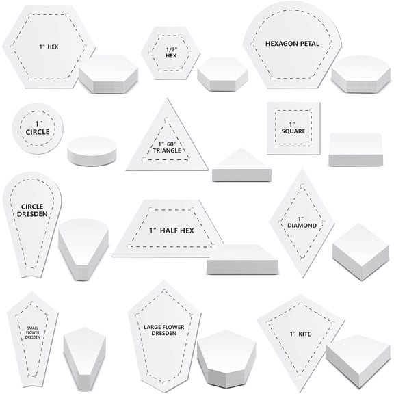 612 Pcs Patchwork Paper EPP English Piecing Supplies 12 Shapes Acrylic Templates Set with 600 Pcs Paper Piecing for Sewing Dresden Plate Triangle Hexagon Quilting Template(Clear)