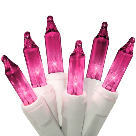 612 Vermont 100 Pink Christmas Lights on a White Wire String, UL Approved, Indoor/Outdoor Use, 18 of Lighted Length, 20 of Total Length