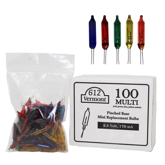 612 Vermont 2.5V Multi Mini Christmas Replacement Bulbs for Christmas Trees and Incandescent String Lights, Pinched Base, 100 Count (0.42 Watt, 170 mA)