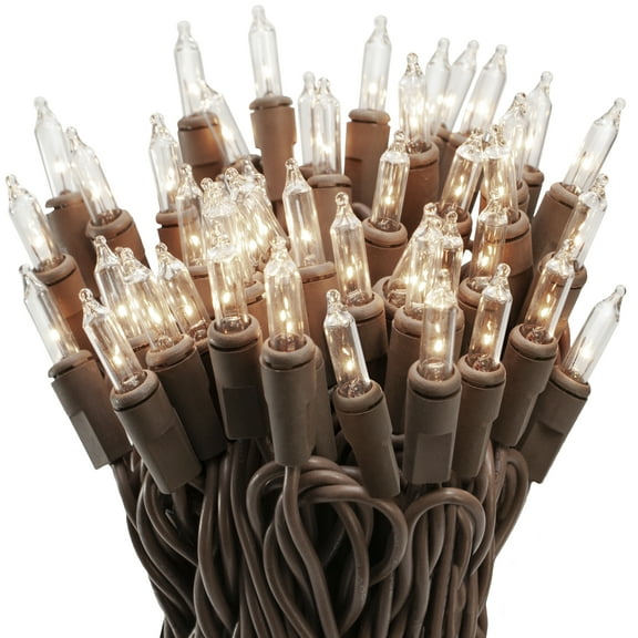 612 Vermont 50 Clear Mini Christmas String Lights on Brown Wire Cord, Indoor Outdoor Use, 9' Lighted, 11' Total Length