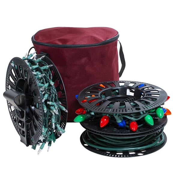 612 Vermont Christmas Light Storage Reels with Bag, 3 Reels, Installation clip, Polyester Zip Up Bag, Holds up to 125' of Mini Lights