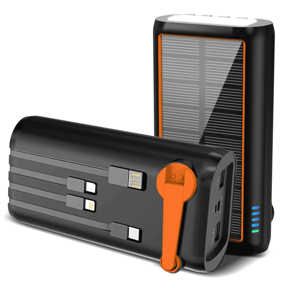 61200mAh Solar Power Bank with Hand Crank, Built-in 4 Cables, 15W Fast Charging, Type-C In/Out, LED Flashlight with SOS/Strobe, Portable Charger for iPhone and Android