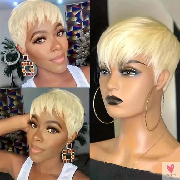 613 Blonde Human Hair Wig, 250% Density, Pixie Cut, Short, Straight Human Hair Wig, 6 Inch