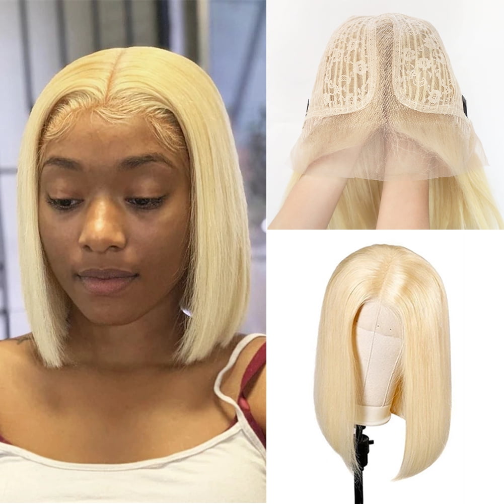 613 Blonde Lace Front Human Hair Bob Wigs T Part Short Straight