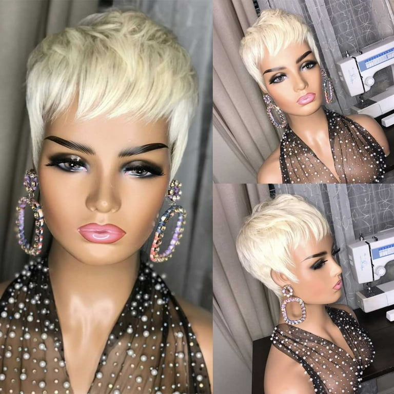 613 Blonde Pixie Short Cut Bob Wig With Bangs Wavy Human Hair Wig Brazilian Straight Wig For Women Girls