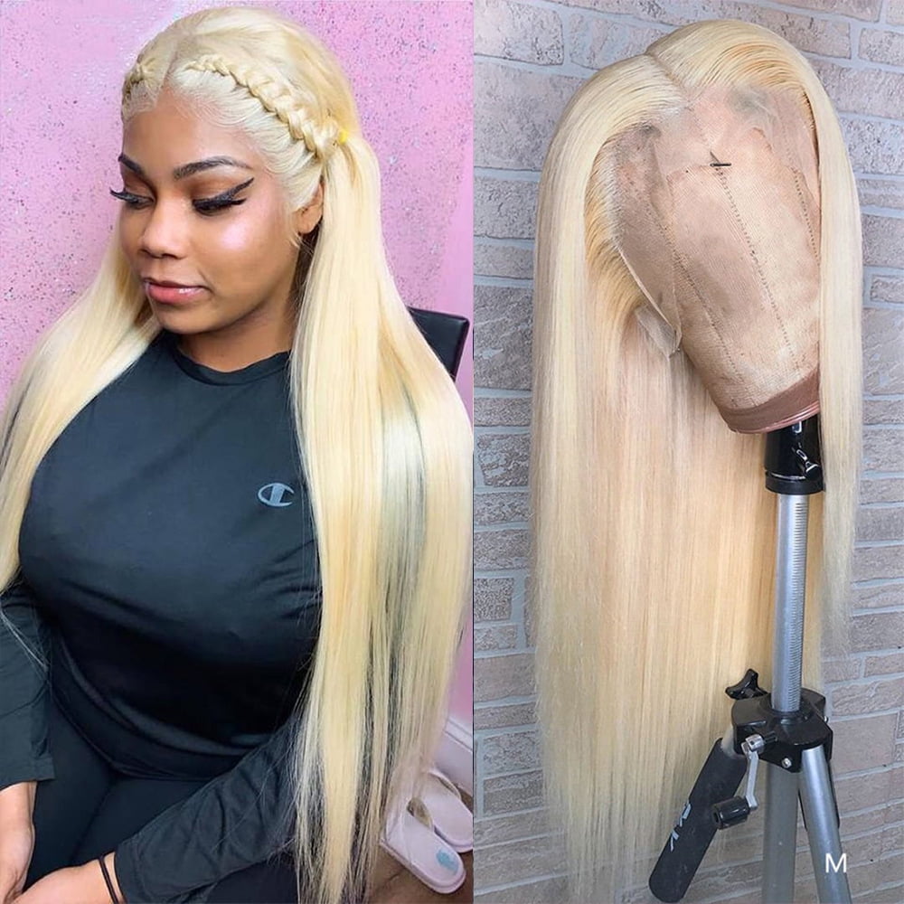 613 Blonde Straight Human Hair Wigs for Women 13X4X1 T Part Lace Front Wig Middle Part Pre Plucked Hairline with Baby Hair 150% Density 16inch