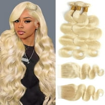 613 Bundles with Closure Human Hair 12 14 16 + 10 inch Blonde Body Wave Human Hair Bundles with Closure 100% Unprocessed Virgin Human Hair Weave Extensions with 4x4 Transparent Lace Closure