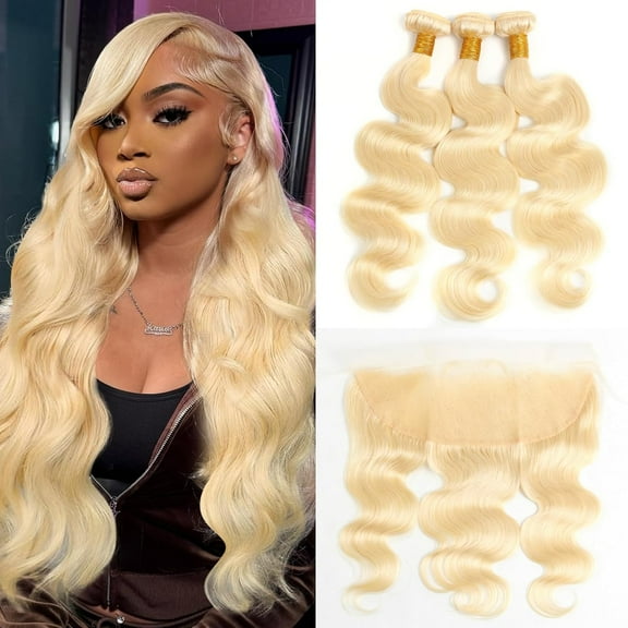 613 Hair Bundle, Front, 12 14 16 + 10 Inch Blonde Wavy Bundle with Closure, 100% Unprocessed Unprocessed Real Hair Weave, 13x4 Sheer Lace Front.