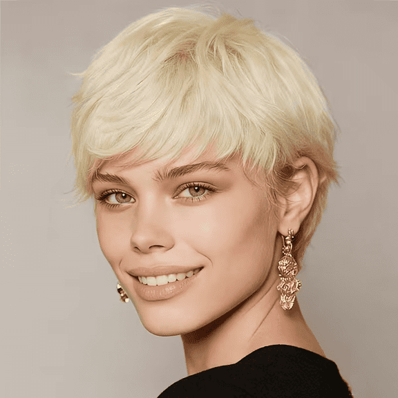 613 Pixie Cut Wigs Human Hair Glueless Full Machine Made Wig 150% Density Honey Blonde Straight Wavy Short Wigs with Bangs None Lace Front Wig Rose Net Cap for Party Cosplay Daily Use