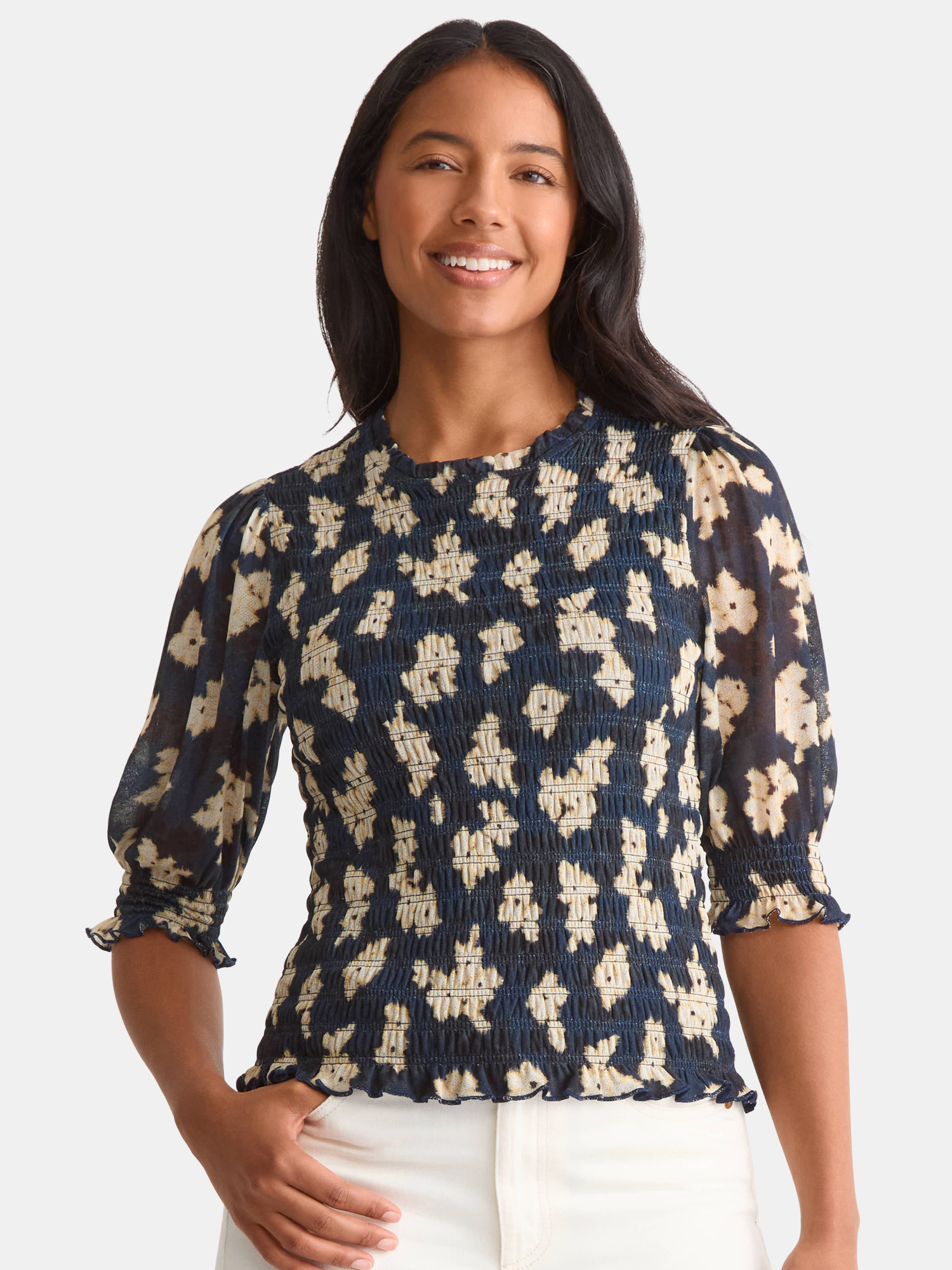 Time and Tru Women's Smocked Mesh Top, Sizes XS-XX