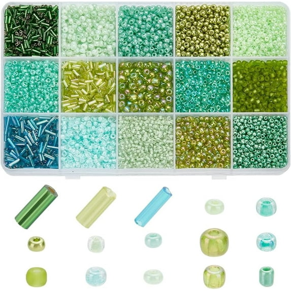 6178pcs 15Colors Green Series Glass Seed Beads 5021pcs 2~4mm Glass Round Beads 1157pcs 4~6x2mm Tube Beads Kit Bugle Beads Loose Spacer Bead for Bracelet Necklace Jewelry Making