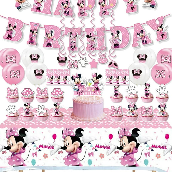 61PCS Pink Mouse Birthday Decorations Minnie Girls Birthday Party Supplies Include Banner, Hanging Swirls, Latex Balloons, Cake Toppers, Tablecloth for Baby Shower Girls Princess Mouse Theme Party