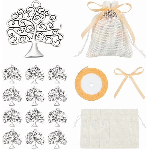 61PCS Tree of Life Pendant Favors Baptism Communion Favor Bags with Tree Alloy Pendants and Polyester Ribbon for DIY DIY Wedding Christening Anniversary Birthdays Party Gift Bag Decoration