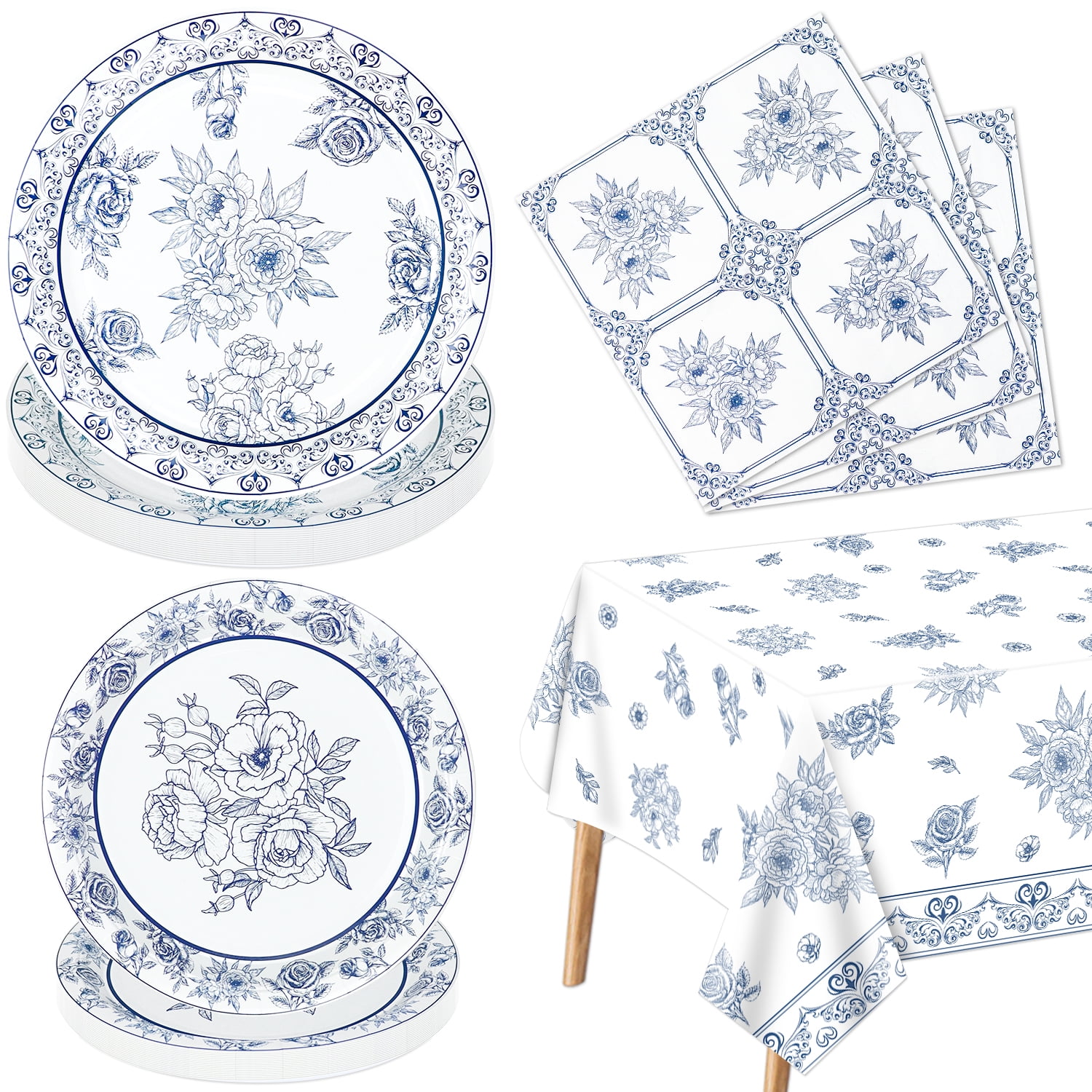 61Pcs Blue and White Flower Party Decorations, Floral Dinnerware Set, Blue and White Porcelain Plates, Napkins, Tablecloth for Bridal Birthday Baby Shower Spring Summer Tea Party Supplies, Serve 20