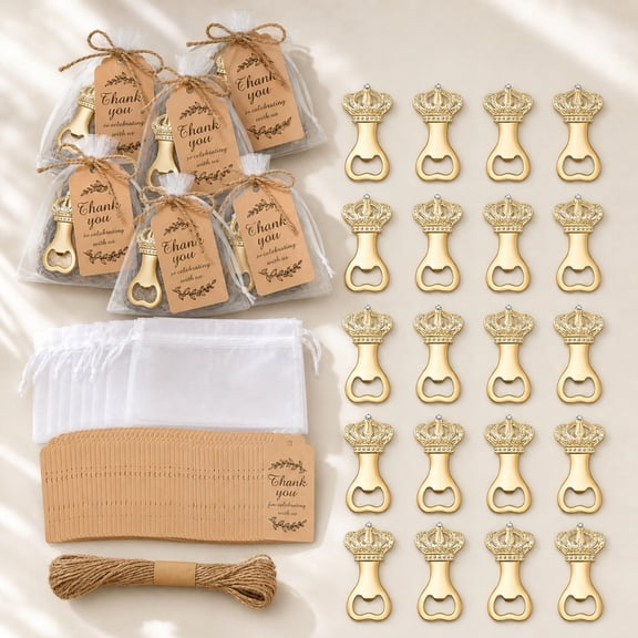 61Pcs Crown-Shaped Bottle Opener Set with White Tulle Bags, Thank You Cards & Jute Twine, Perfect Wedding Favors, Bridal Shower, Birthday Party Gifts, Ideal for Guest Souvenirs & Special Occasions