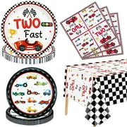 61Pcs Two Fast Race Car 2nd Birthday Party Decorations - Race Car Plates, Napkins, Tablecloth for Boys Kids Two Year Old Party Race Car Birthday Party Supplies, Serves 20 Guest