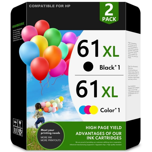 61XL 61 Ink Cartridges Compatible for HP Ink 61 61 XL Black Tri-Color (2 Pack)