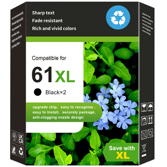 61XL Black Ink Cartridge Compatible for HP 61 Black Ink  (2 Pack)