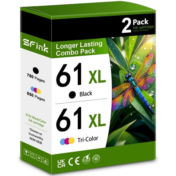 61XL Ink Combo Pack 2-Pack Black/Tri-color Compatible for HP 61 Ink Cartridges for Deskjet 1000 1010 2540 Envy 4500 4501 4502 Officejet 4630 4635 Printer