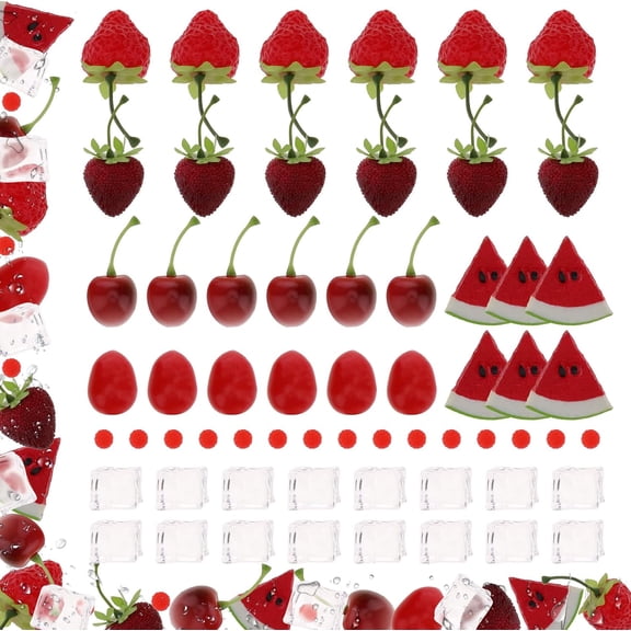 61pcs Realistic Fake Red Fruits Clear Ice Rocks Decoration Plastic Watermelon Berry Slices Simulation Strawberries Cherry Tomatoes for Vase Fillers Centerpiece Display Prop