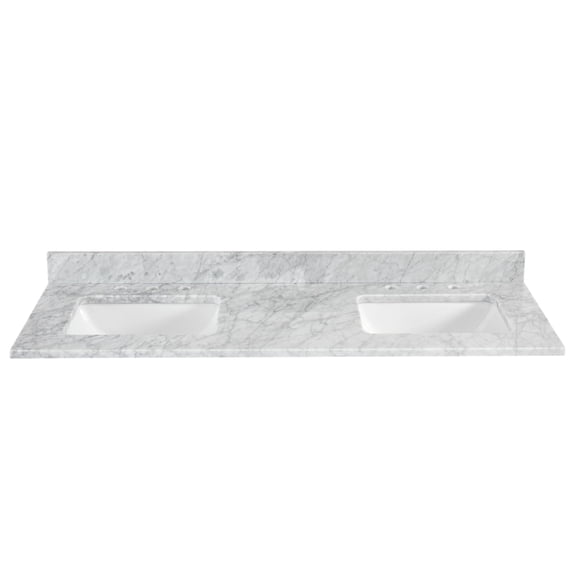 61x22 Inch Double Bathroom Vanity Top, 1" Thick (3cm) Premium Bianco Carrara White Marble with 2 Undermount Porcelain Sinks, 4" Backsplash, Pre-Drilled 8" Widespread Faucet Holes