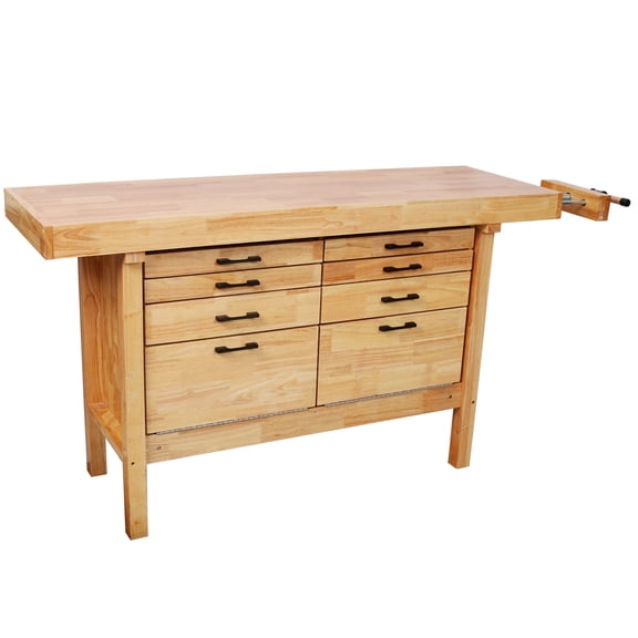 62-1/2" Solid Rubber Wood Workbench With 8 Drawers & Integrated Wood Vise For Workshop Woodworking