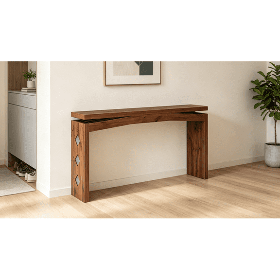 62.2" Curved Console Table, Walnut Retractable Entryway Sofa Table with Sliding Top