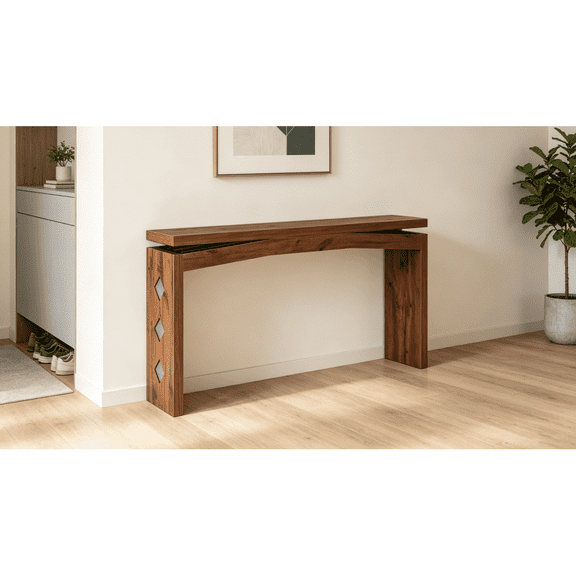 62.2" Curved Console Table, Walnut Retractable Entryway Sofa Table with Sliding Top