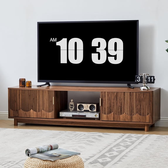 62.2-Inch Low Profile Fluted TV Stand for 50-70 Inch TVs, Mid-Century Modern Curved Media Console, Walnut