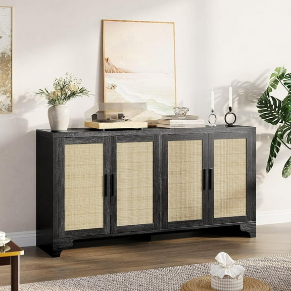 62.2 Inch Rattan Buffet Sideboard Cabinet, 4-Door Storage Cabinet with Shelves, Wooden Console Table with Storage, Modern Farmhouse Accent Cabinet for Living Room, Entryway