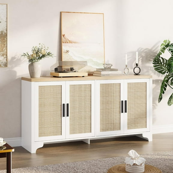 62.2 Inch Rattan Buffet Sideboard Cabinet, 4-Door Storage Cabinet with Shelves, Wooden Console Table with Storage, Modern Farmhouse Accent Cabinet for Living Room, Entryway