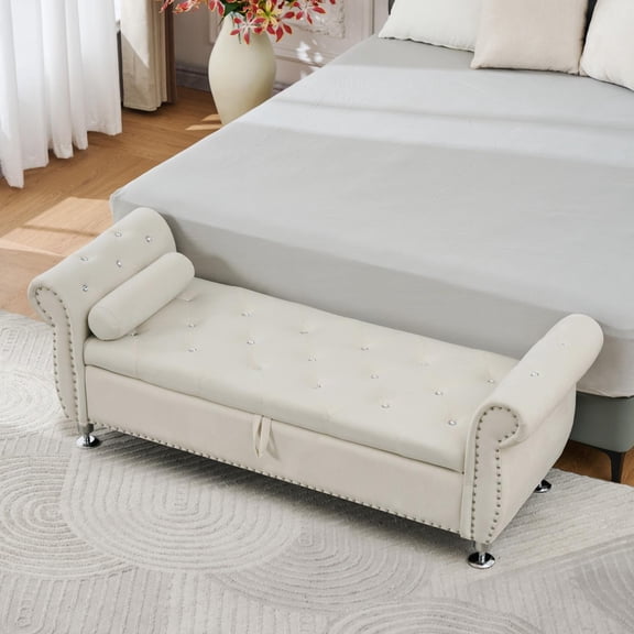 62.2-Inch Soft Velvet Storage Bench with Crystal Buttons and Pillow, Upholstered Ottoman Bench with Safety Hinge, Bedroom Entryway End of Bed Window Seat with Storage, Beige